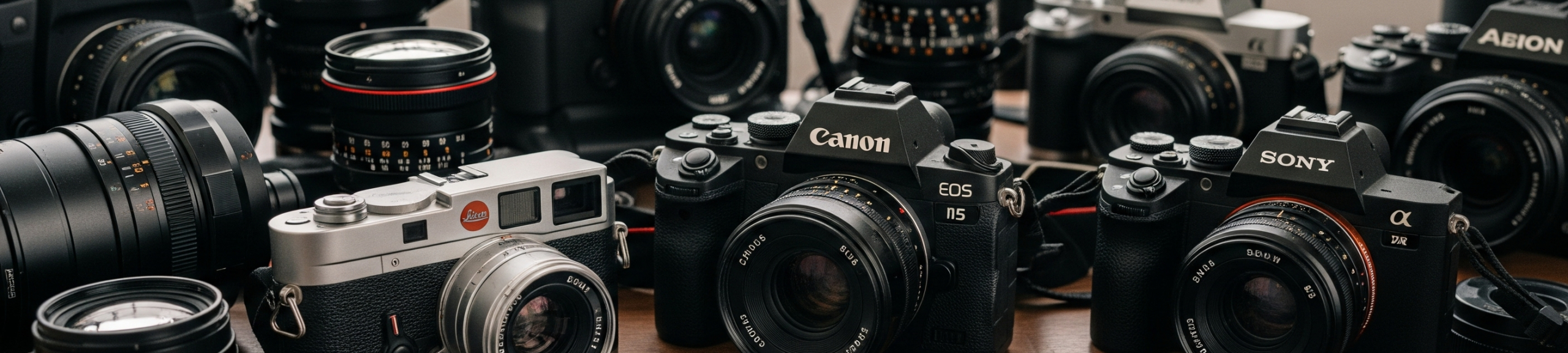 a lot of camers on a table